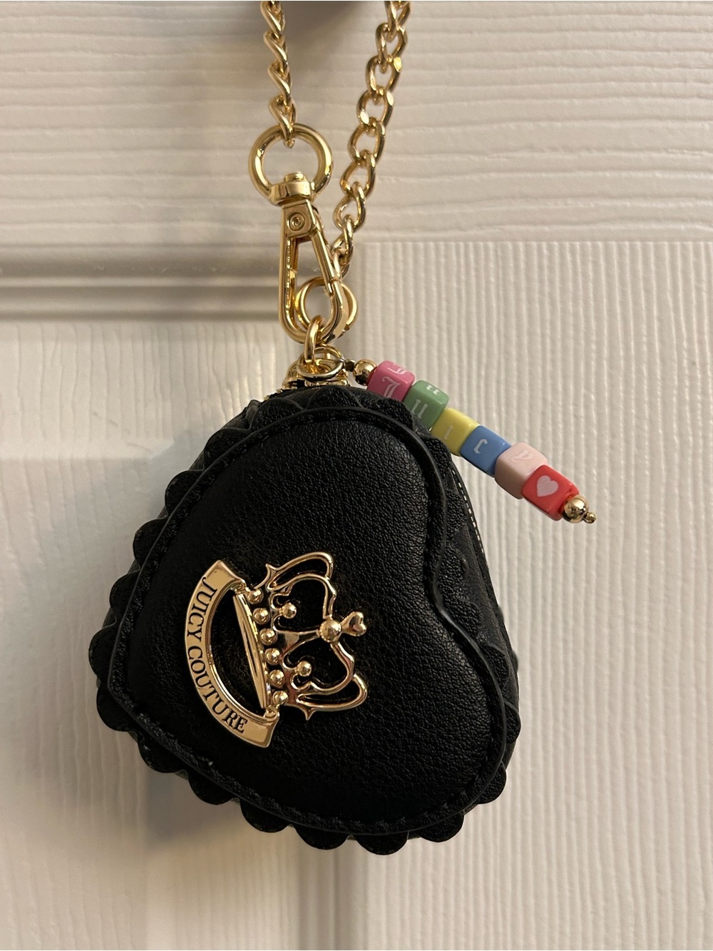 Juicy Couture Black Heart Pouch Keychain with Gold Crown and Beaded Charm